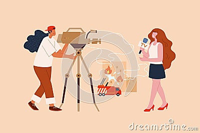 TV reporter reporting house on fire Vector Illustration