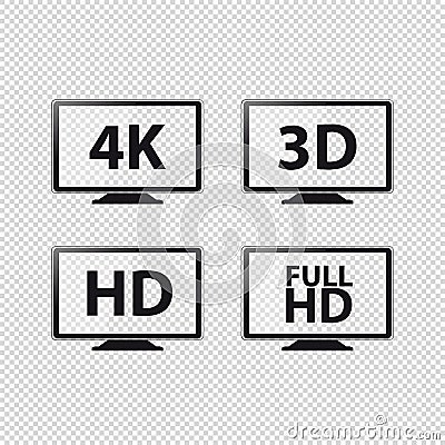 TV Resolutions 4K, 3D, HD And FullHD - Vector Icons - Isolated On Transparent Background Vector Illustration