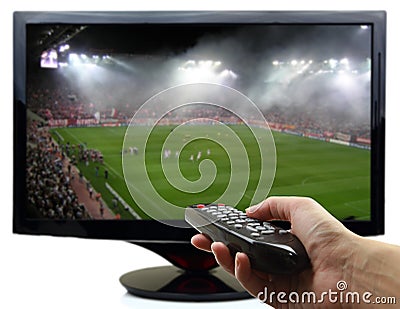 Tv screen with football match Stock Photo