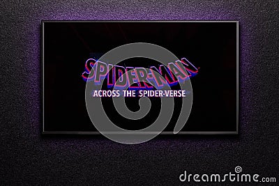 TV screen playing Spider-Man Across the Spider-Verse trailer or movie. Astana, Kazakhstan - May 15, 2023. Editorial Stock Photo