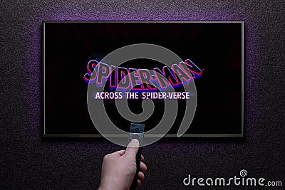 TV screen playing Spider-Man Across the Spider-Verse trailer or movie. Astana, Kazakhstan - May 15, 2023. Editorial Stock Photo