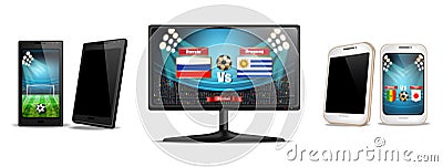 Tv screen and smartphone with football match Vector realistic. Sports betting online. Gadgets isolated on whites Vector Illustration