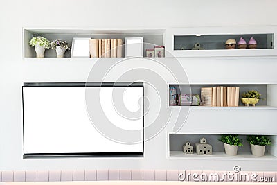 TV and shelf in living room Contemporary style. Wood furniture i Stock Photo