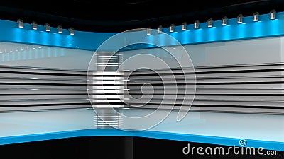 Tv Studio. Blue studio. Backdrop for TV shows .TV on wall. News s Stock Photo