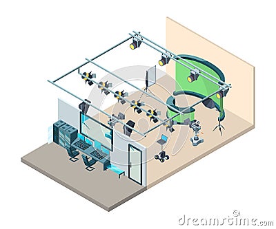 Tv studio interior. Television production room with professional equipment video cameras flashes softboxes tripod vector Vector Illustration