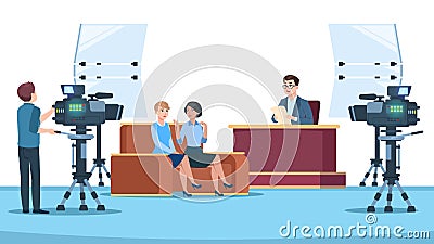 Tv studio interview. Talk show in broadcasting studio on television. Talking people with microphone to camera. News crew Vector Illustration