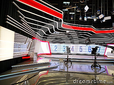 TV studio - lighting grid and video cameras Stock Photo