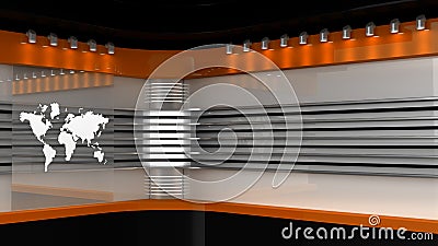 Tv Studio. Orange studio. Backdrop for TV shows .TV on wall. Stock Photo