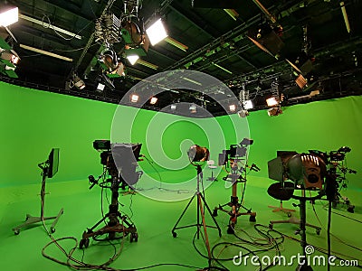 TV studio specific equipment and lights on the grid Editorial Stock Photo