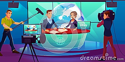 Tv studio, television presenters reporting news Vector Illustration