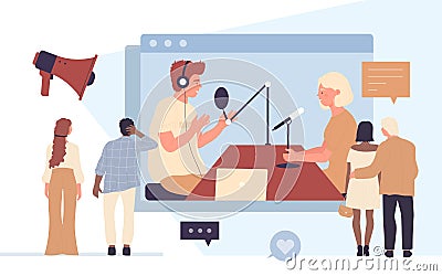 Tv studio video broadcast interview, television channel with live show for people Vector Illustration