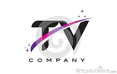 TV T V Black Letter Logo Design with Purple Magenta Swoosh Vector Illustration