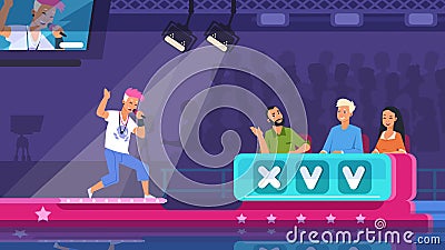 TV talent show. Cartoon song contest with lighted stage, performer and jury celebrities, Vector television competition Vector Illustration