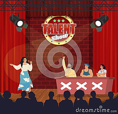 Tv talent show. Singer woman singing in front of live audience and jury, flat vector illustration. Television contest. Vector Illustration