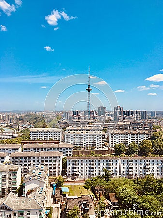 TV tower in the distance under the clear sky Stock Photo