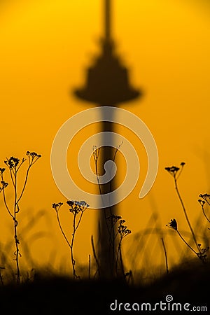 Tv tower at sunrise, rural view Stock Photo