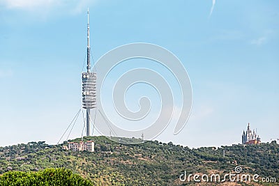 TV tower Torre de Collserola on the Tibidabo hill Editorial Stock Photo