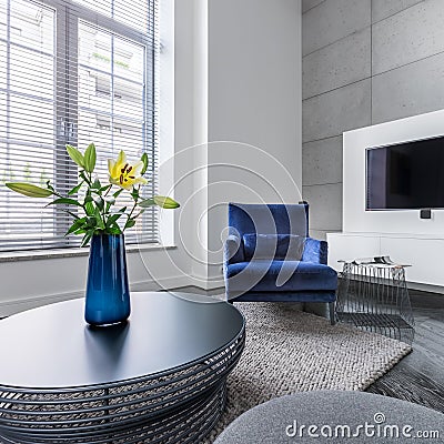 Tv, upholstered armchair and coffee table Stock Photo