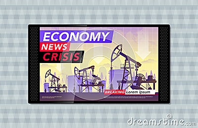 TV on the wall and the latest economic news, oil production and oil prices in the world. Schedule for lower oil prices Vector Illustration