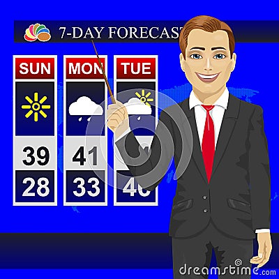 TV weather news reporter meteorologist anchorman reporting with pointer on monitor screen Vector Illustration