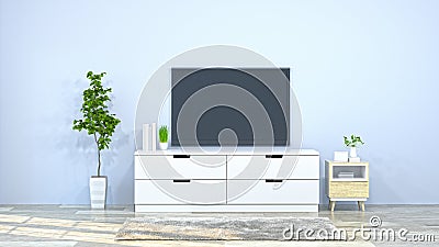 Tv with white cabinet in the room 3d illustration furniture,modern home designs,background shelves and books on the desk in front Cartoon Illustration