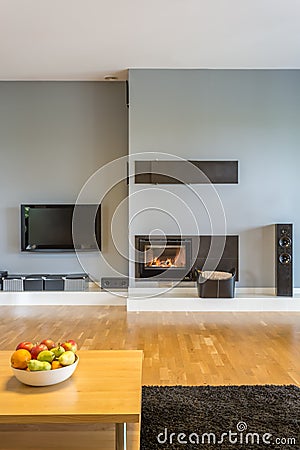 Moderne woonkamer met tv en open haard stock illustratie ... Open woonkamer haard