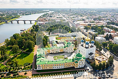 Tver cityscape with Transfiguration Cathedral and Imperial Traveling Palace on Volga river Stock Photo