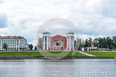 Tver, Russia - August 3, 2019: Summer panoramic view of the embankment of Volga river with the oldest city cinema Star Editorial Stock Photo