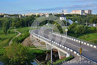 Tver, view of the automobile bridge and the Church of the Intercession Stock Photo