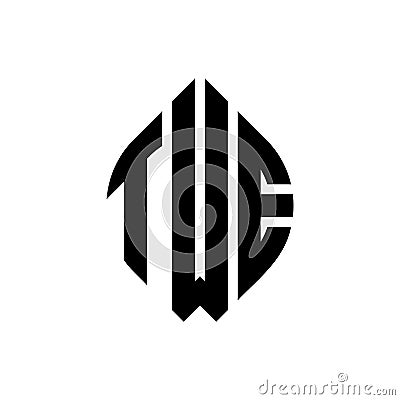 TWE circle letter logo design with circle and ellipse shape. TWE ellipse letters with typographic style. The three initials form a Vector Illustration