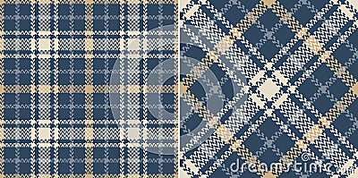 Tweed check pattern in blue, gold, beige. Seamless herringbone textured small tartan for dress, jacket, skirt, scarf. Vector Illustration