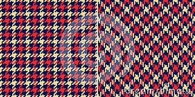 Tweed check pattern print in red, beige, navy blue. Seamless spring autumn dog tooth illustration set for scarf, coat, dress. Vector Illustration