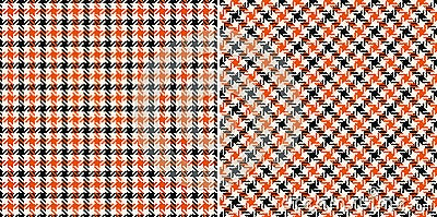 Tweed check plaid pattern in black, orange, beige. Seamless herringbone textured small vector set for dress, jacket, skirt. Vector Illustration