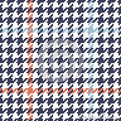 Tweed check plaid pattern in blue, orange, white. Seamless pixel dog tooth tartan illustration for jacket, coat, skirt, dress. Vector Illustration