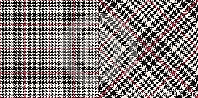 Tweed check plaid pattern print for autumn winter spring in black, red pink, off white. Seamless abstract tartan glen texture set. Vector Illustration