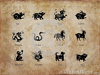 Twelve animals of the chinese zodiac, vintage sepia Stock Photo