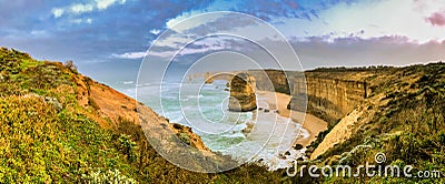 The Twelve Apostles rock formations along the Great Ocean Road, panoramic aerial view - Victoria, Australia Stock Photo