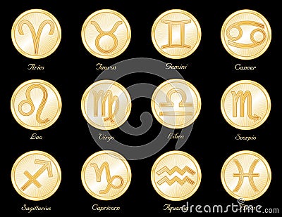 Horoscope Mandalas, Twelve Gold Engraved Astrology Medallions Vector Illustration