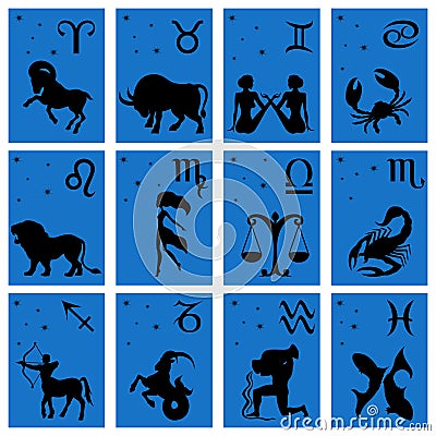 Twelve black silhouettes of Zodiac signs over blue Vector Illustration