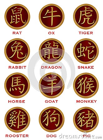 Twelve Chinese Zodiac Gold Red Coins Stock Photo