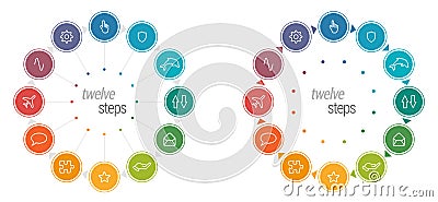 Twelve circles each different color, connected with triangle arrows forming one larger circle - multiple steps process Vector Illustration