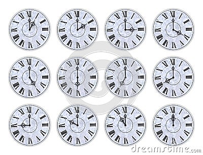 Twelve clock faces Stock Photo