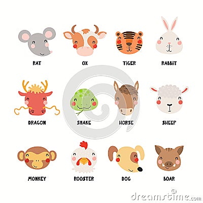 Twelve cute cartoon animals of Japanese zodiac Vector Illustration