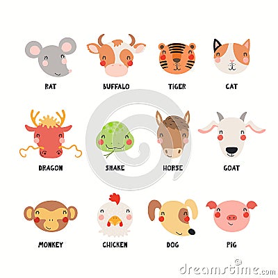 Twelve cute cartoon animals of Vietnamese zodiac Vector Illustration