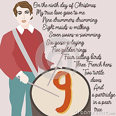 The twelve days of Christmas. Ninth day. Nine drummers drumming. Vector Illustration