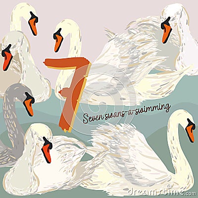 The twelve days of Christmas. Seventh day. Seven swans-a-swimming. Vector Illustration