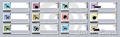 Twelve dog breed silhouettes. Avantgarde graphic style. Web banner template. Vector Illustration on an abstract background Stock Photo