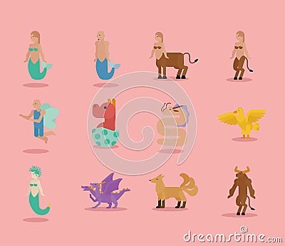 twelve fantastic creatures characters Vector Illustration