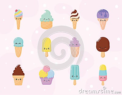 twelve kawaii ice creams Vector Illustration