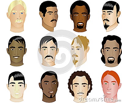 Twelve Men's Faces different races & cultural Vector Illustration